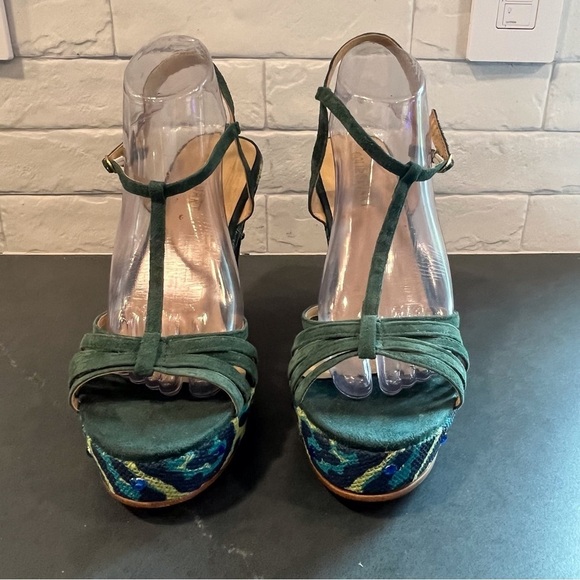 Colin Stuart sz 11 green suede leopard print platform wedge sandals - Picture 6 of 16